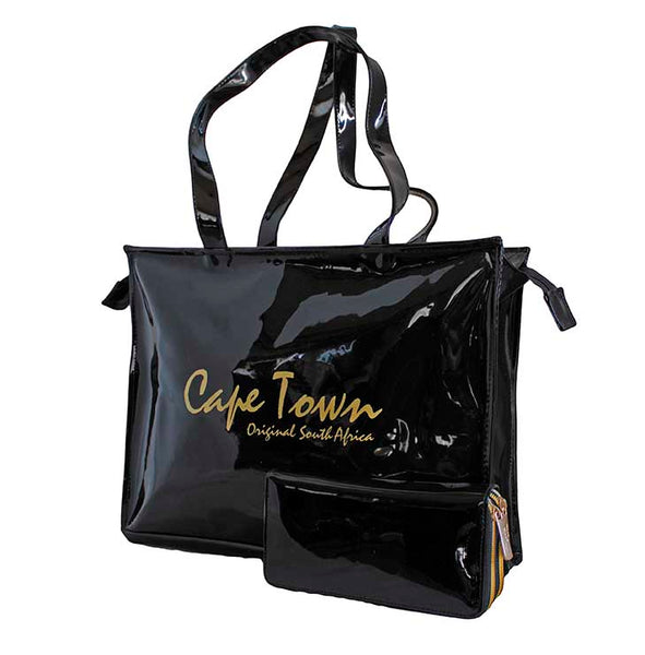 Fino DT5+8146-798 Faux Patent Leather Cape Town Souvenir Tote Handbag & Purse Set - Black