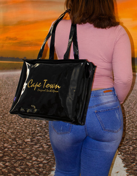 Fino DT5+8146-798 Faux Patent Leather Cape Town Souvenir Tote Handbag & Purse Set - Black