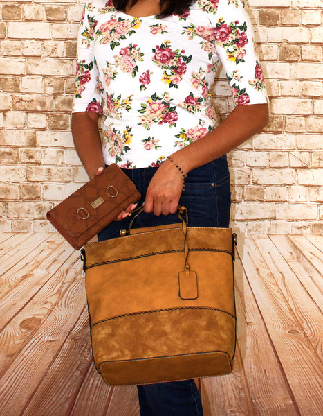 Fino H7191+H202-765 Suede Faux Leather Fashion Bag with Purse - Coffee