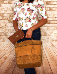 Fino H7191+H202-765 Suede Faux Leather Fashion Bag with Purse - Coffee