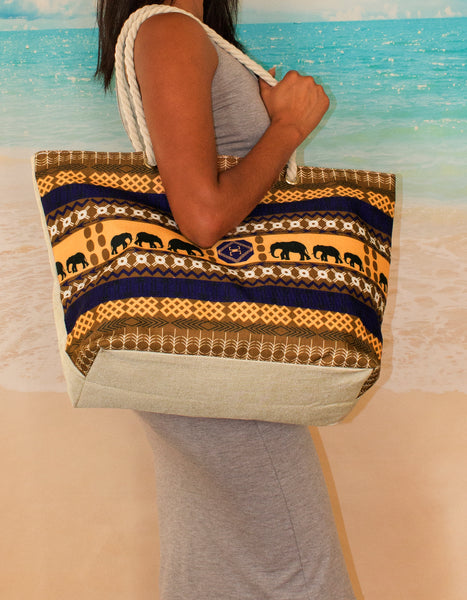 Fino JH-19053 African Elephant Canvas Oversize Beach /Shopping/ Tote Bag - Beige & Brown
