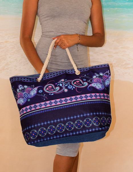 Fino JH-19054 Exotic Beach Canvas Oversize Beach /Shopping/ Tote Bag - Purple & Navy Blue