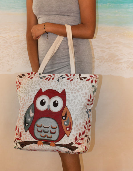 Fino JH-70213 Maxi Canvas Tote Bag with Owl Print Design - Beige