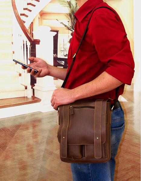 Fino 8019 Unisex Full Grain Genuine Leather Crossbody Satchel Bag - Coffee