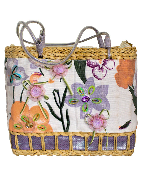Fino CJK-05052 Straw/Canvas Floral Embellished Beach Bag