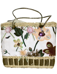 Fino CJK-05052 Straw/Canvas Floral Embellished Beach Bag