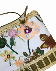 Fino CJK-05052 Straw/Canvas Floral Embellished Beach Bag
