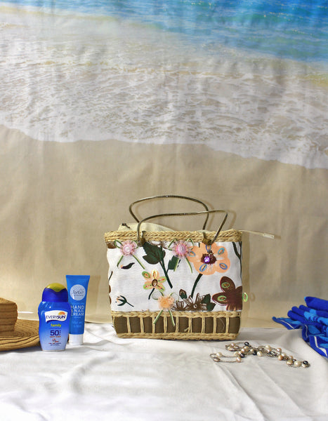 Fino CJK-05052 Straw/Canvas Floral Embellished Beach Bag