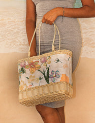 Fino CJK-05052 Straw/Canvas Floral Embellished Beach Bag