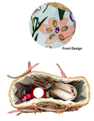 Fino CJK-05052 Straw/Canvas Floral Embellished Beach Bag