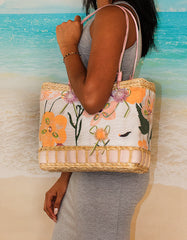 Fino CJK-05052 Straw/Canvas Floral Embellished Beach Bag
