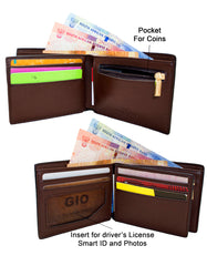 GIO-101 Full Grain Genuine Leather Bifold Card Holder Gift Wallet with Box/Suede Pouch Included-Brown