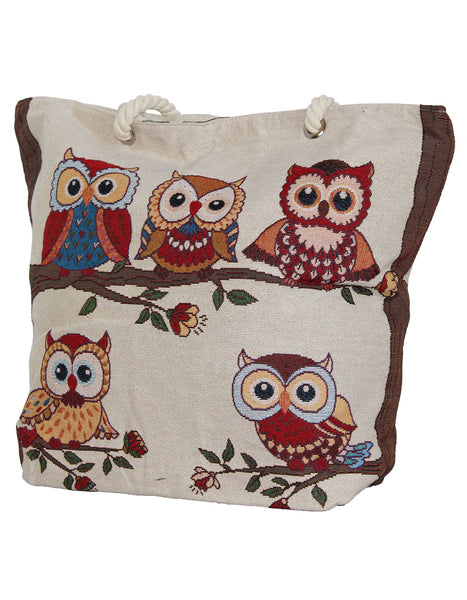 Fino JH-70103 Maxi Canvas Tote Bag with Owls Print Design - Beige