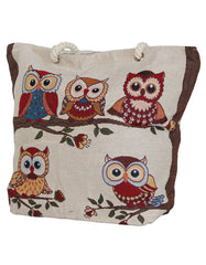 Fino JH-70103 Maxi Canvas Tote Bag with Owls Print Design - Beige