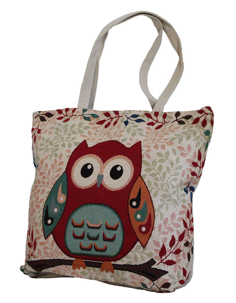 Fino JH-70213 Maxi Canvas Tote Bag with Owl Print Design - Beige