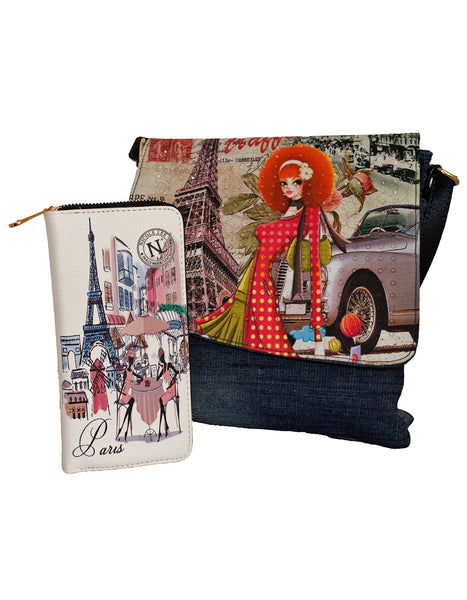 Fino SK-1601-A1+1602 Denim Vintage Paris Design Crossbody Sling Bag & Purse Set