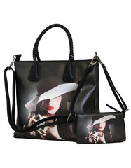 Fino SK-6115 2 In 1 Maxi Faux Leather Tote Bag- Black