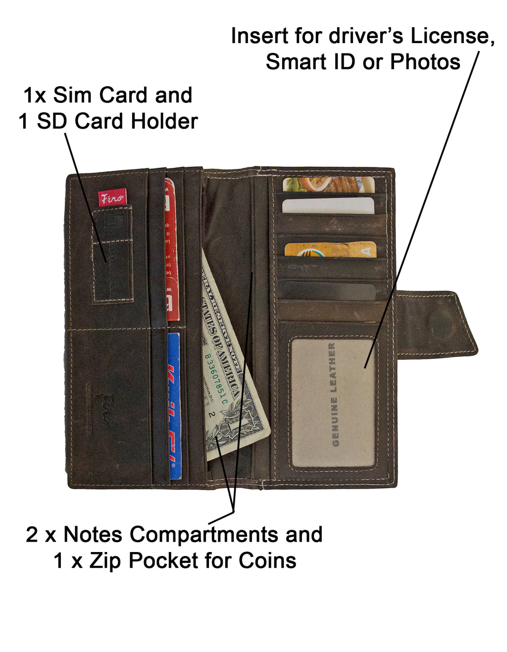 Fino HL-1408 Unisex Genuine Leather Soft Wallet with SD Card Holder & Box