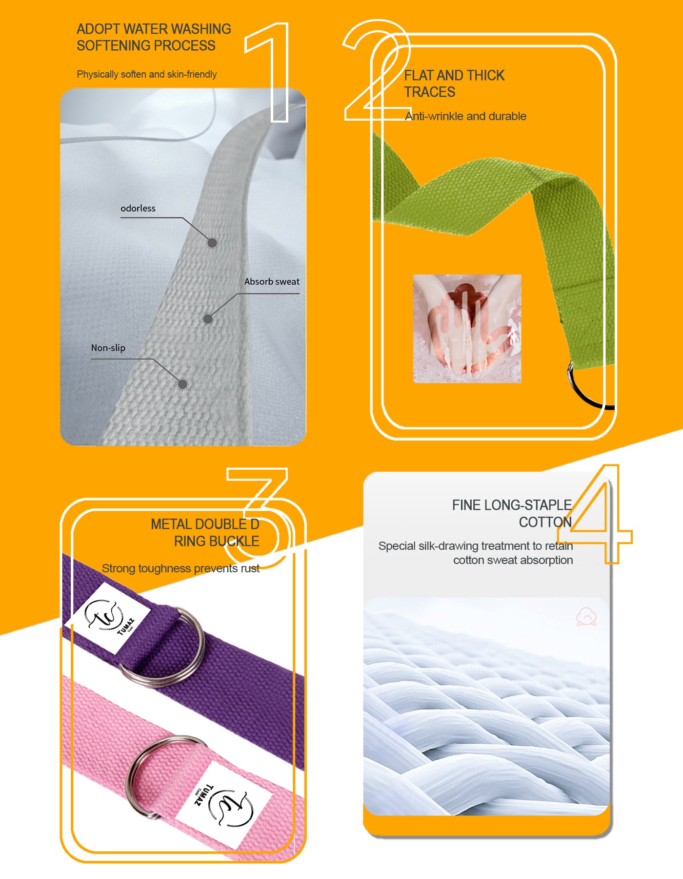 Tumaz Care 1C8FT Polyester-Cotton 8FT Double D-Ring Yoga Strap