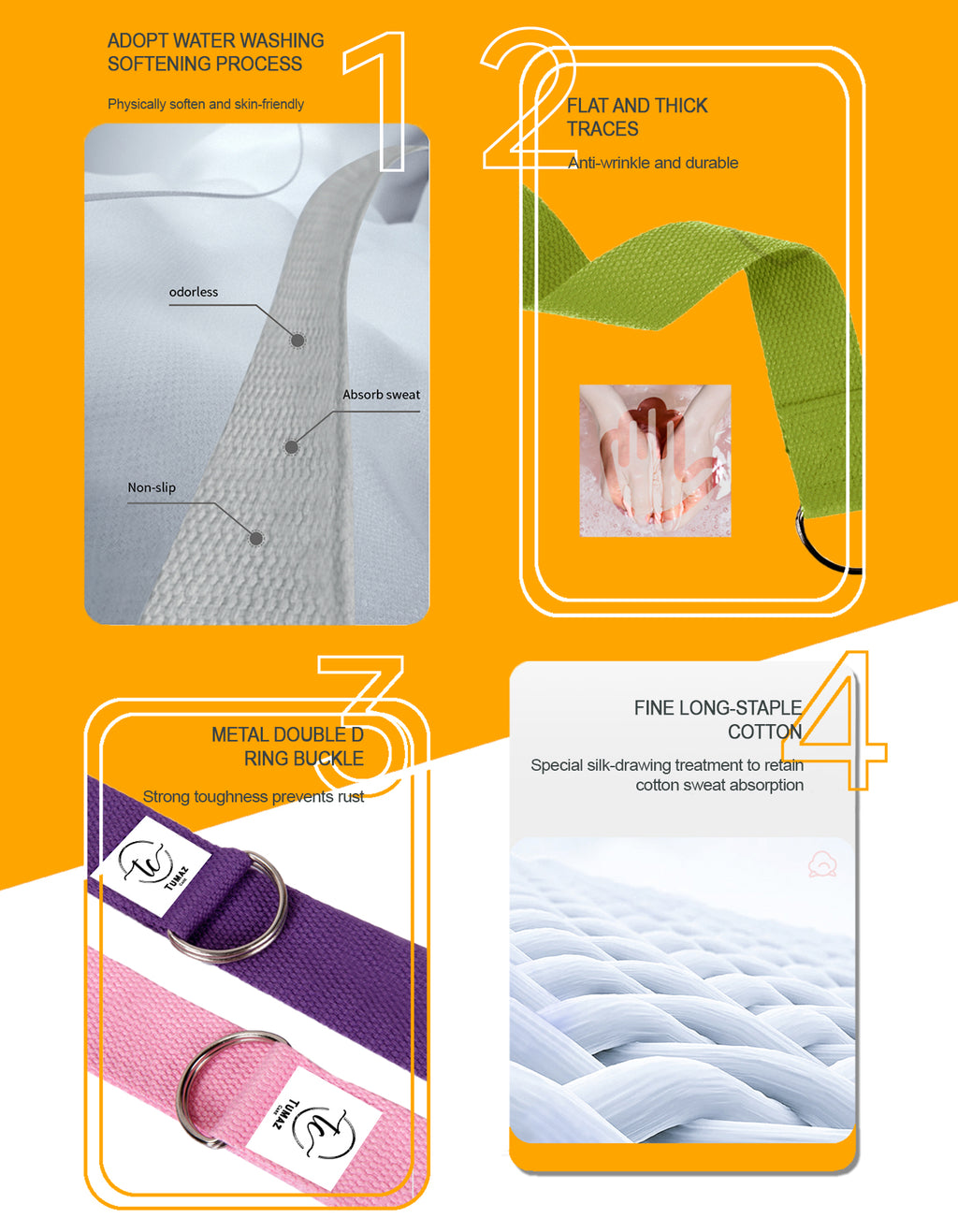 Tumaz Care 1C8FT Polyester-Cotton 8FT Double D-Ring Yoga Strap