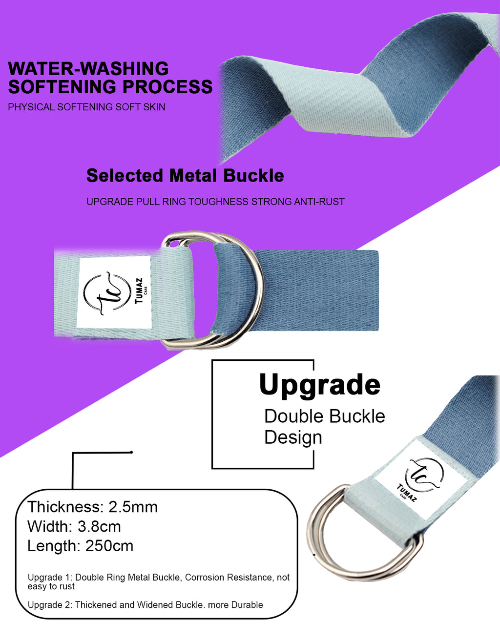 Tumaz Care 2C8FT Polyester-Cotton Two-Tone 8ft Yoga Strap for Pilates, Yoga