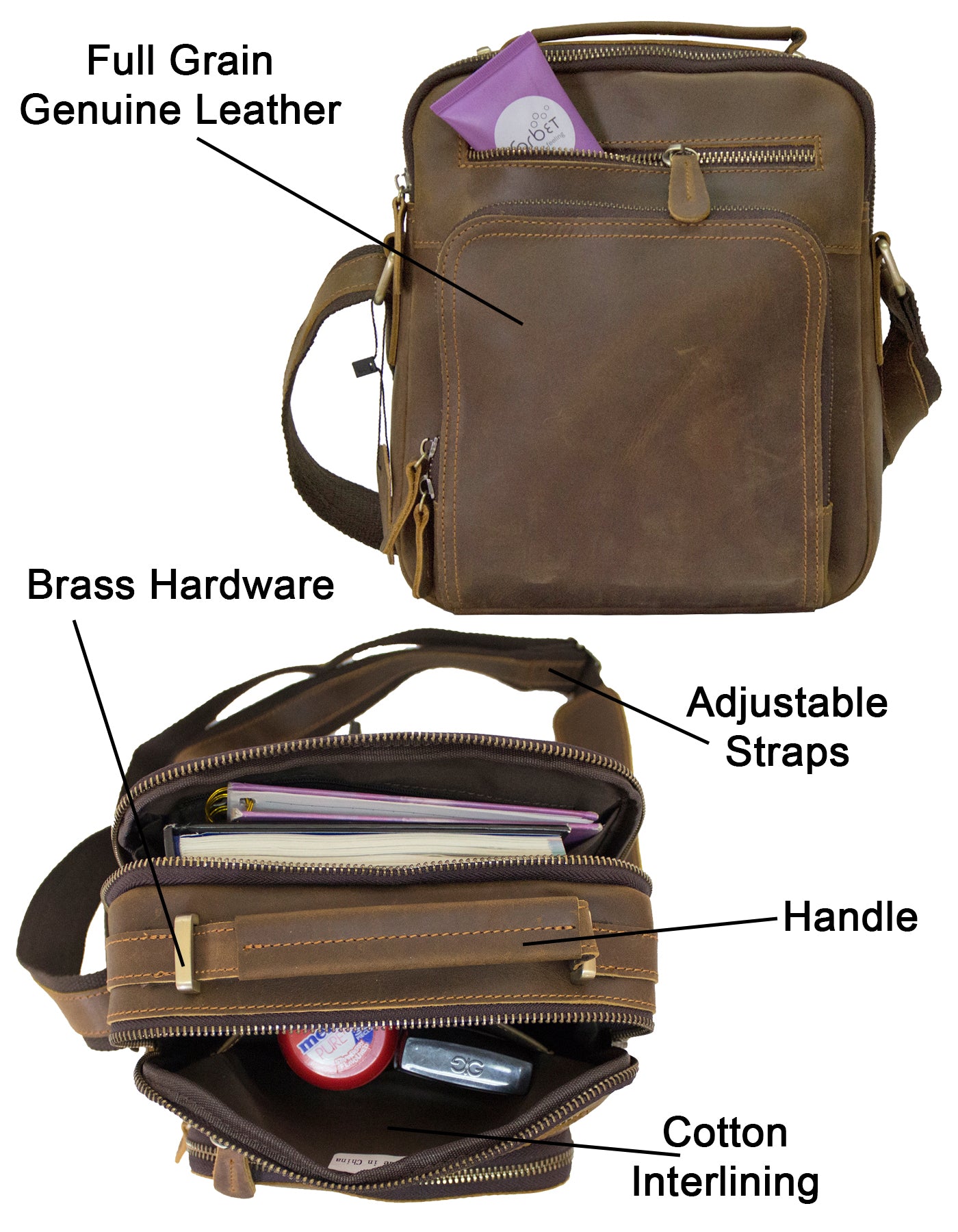 Fino 5207-A Unisex Full Grain Genuine Leather Crossbody/ Sling Bag