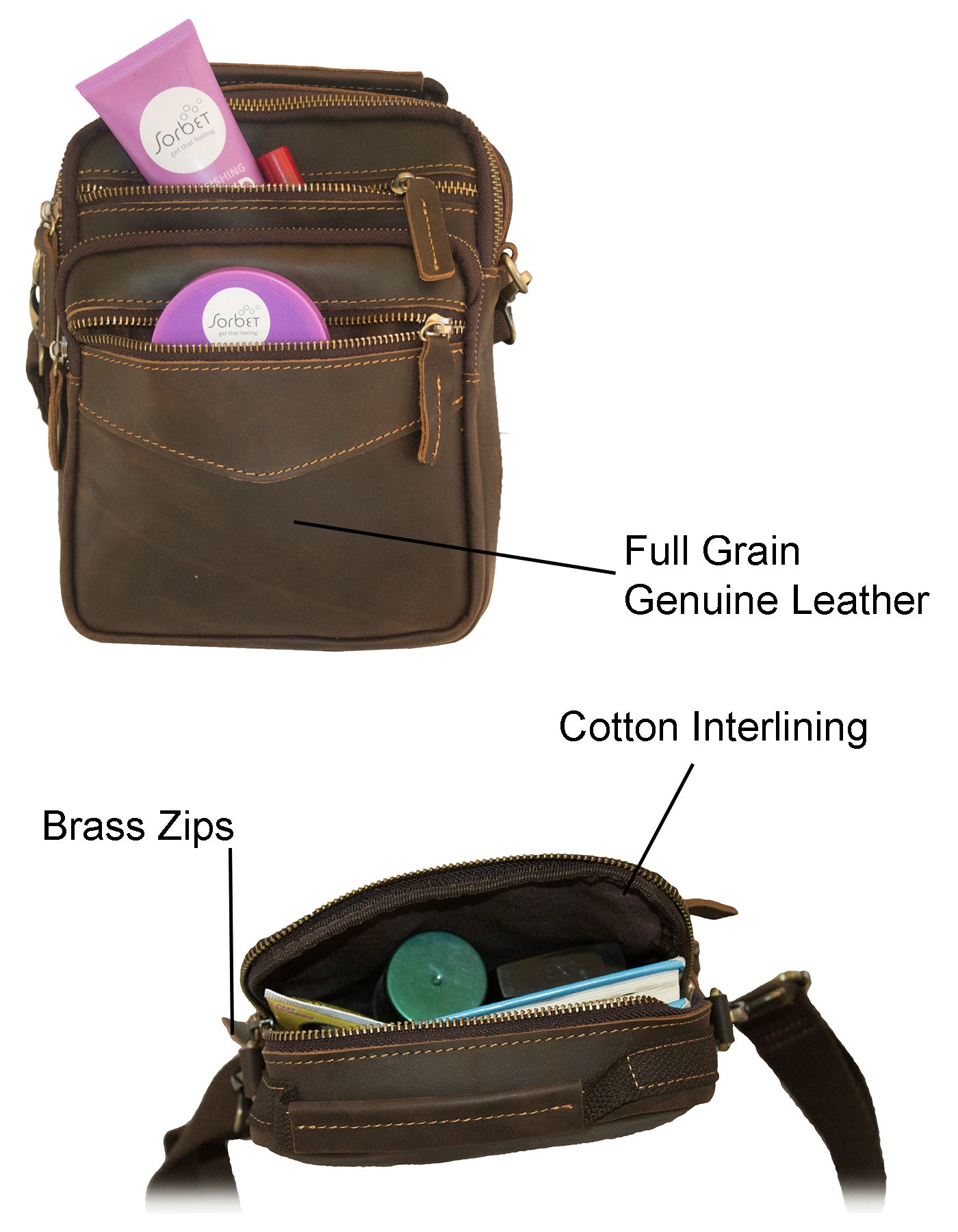 Fino 6592-3 Unisex Full Grain Genuine Leather Sling/ Shoulder Bag