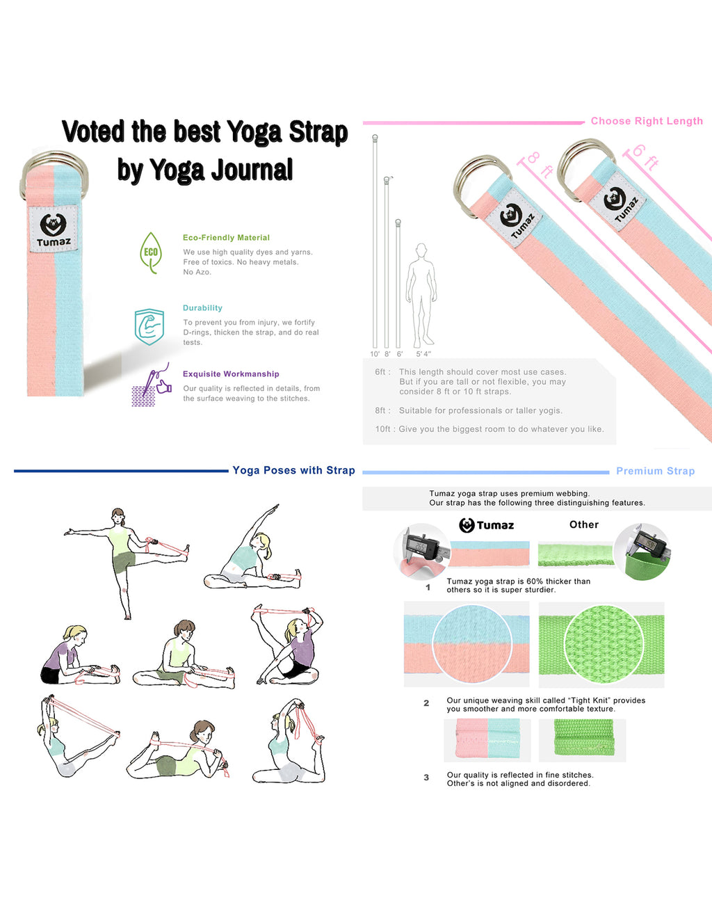 Tumaz 8ft Premium Physical Therapy Yoga Fitness Strap