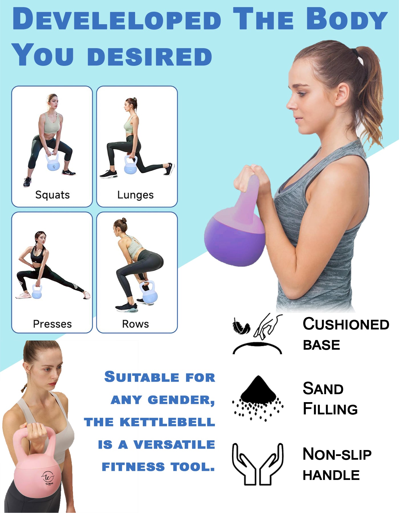 Tumaz Care 8.0KBPUR Soft Sand Kettlebell Non-Slip Handle - 8kg