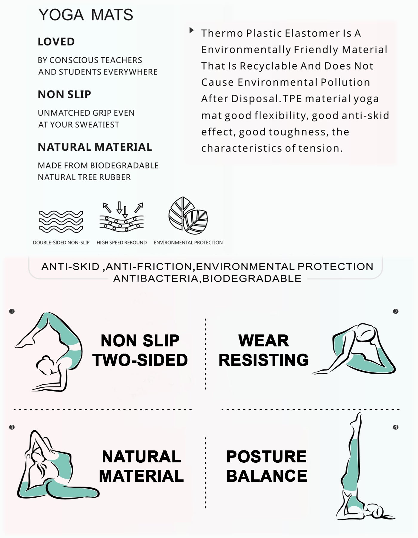 Tumaz Care AYM2401 Water Resistant Eco-friendly Non-Slip TPE Align Yoga Mat