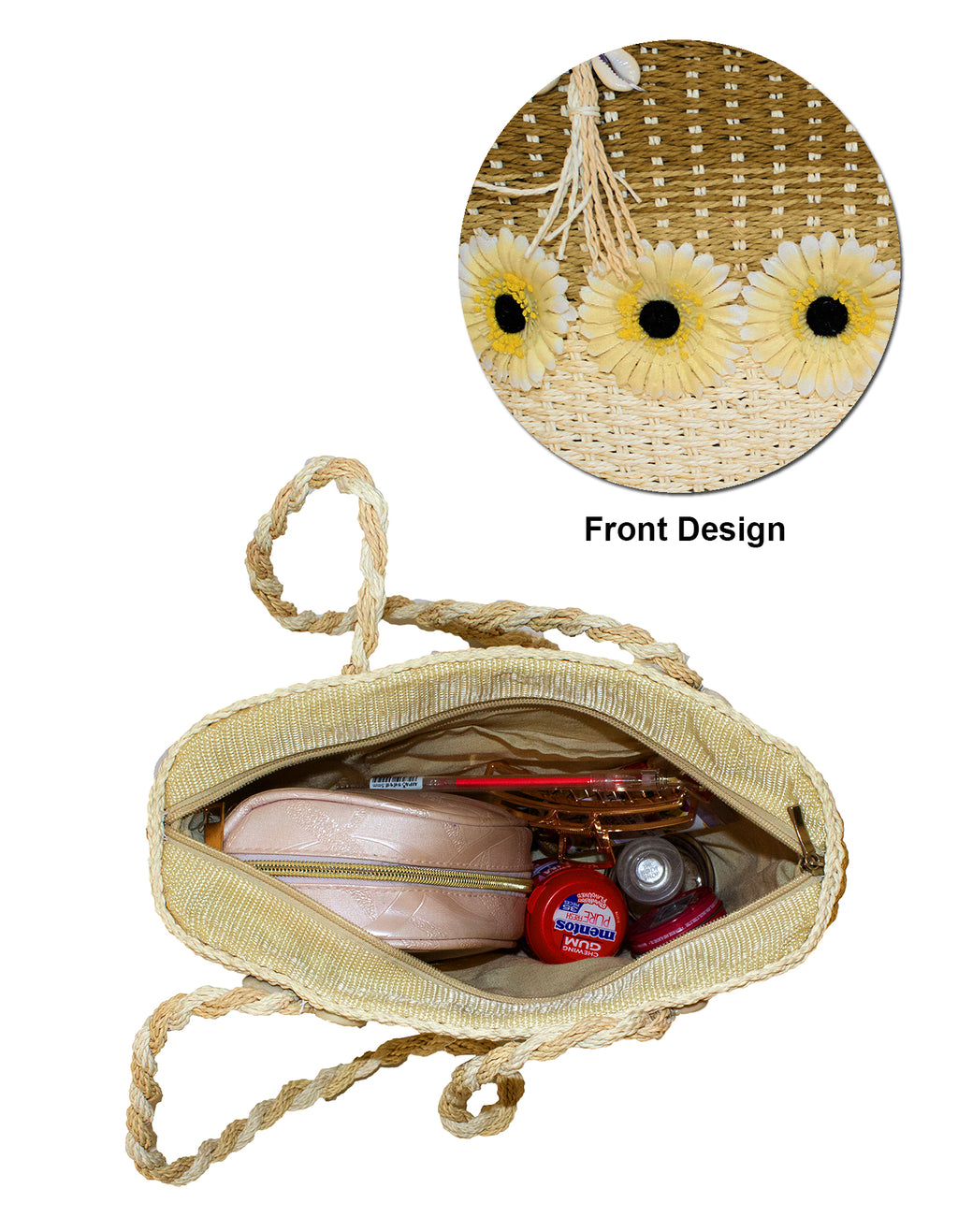 Fino CJ-05747 Straw Beach Bag with Front Flower Detail