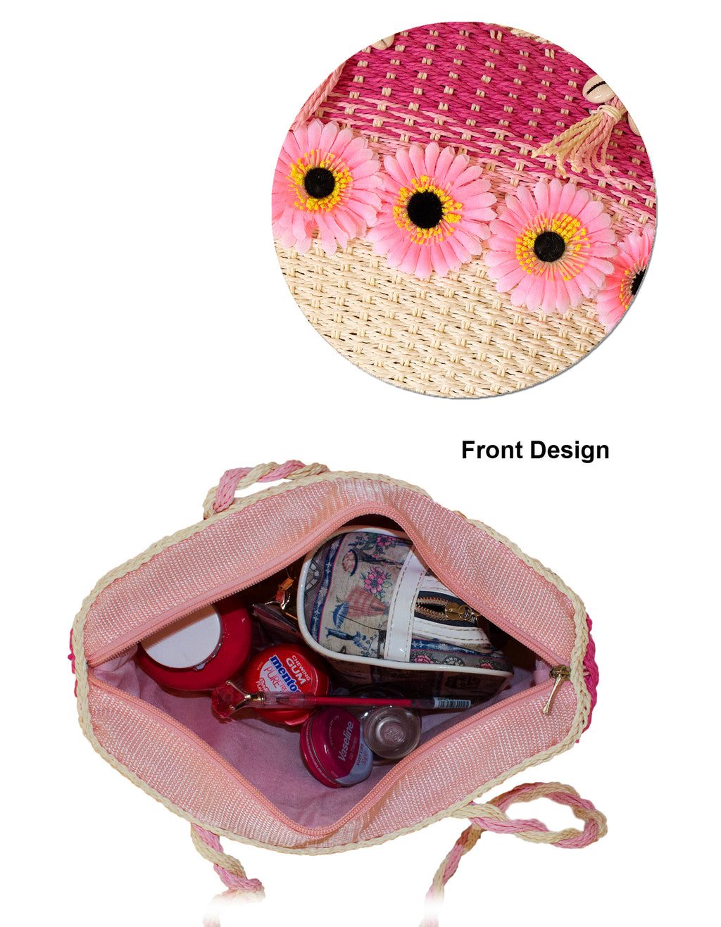 Fino CJ-05747 Straw Beach Bag with Front Flower Detail