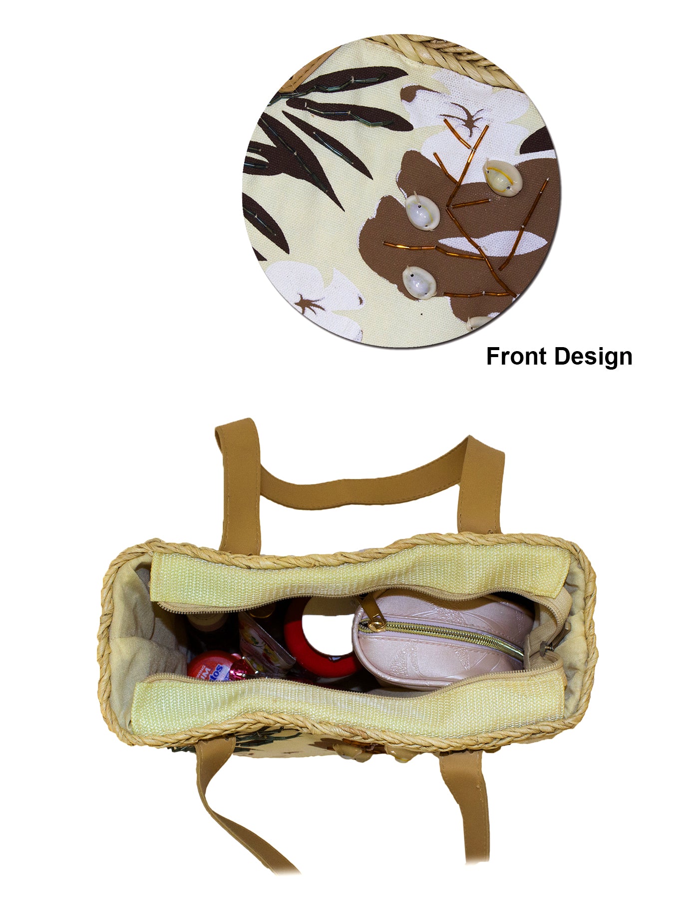 Fino CJK-05050 Straw /Canvas Bag with Front beading pattern