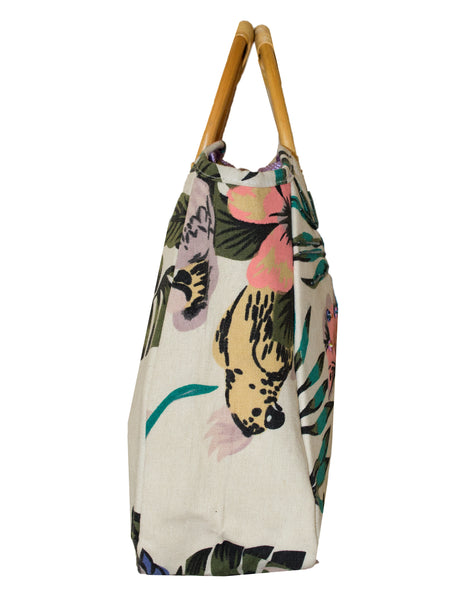 Fino CJK-05051 Embellished Printed Canvas Bag With Bamboo Handle