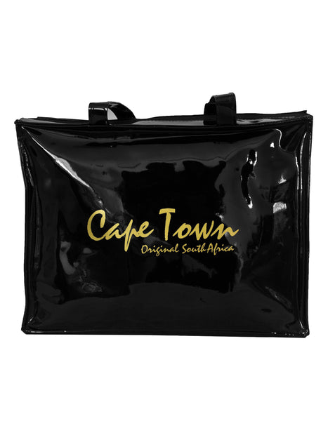 Fino DT5 Cape Town Souvenir Faux Patent Leather Tote Handbag - Black