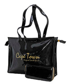 Fino DT5+8146-798 Faux Patent Leather Cape Town Souvenir Tote Handbag & Purse Set - Black