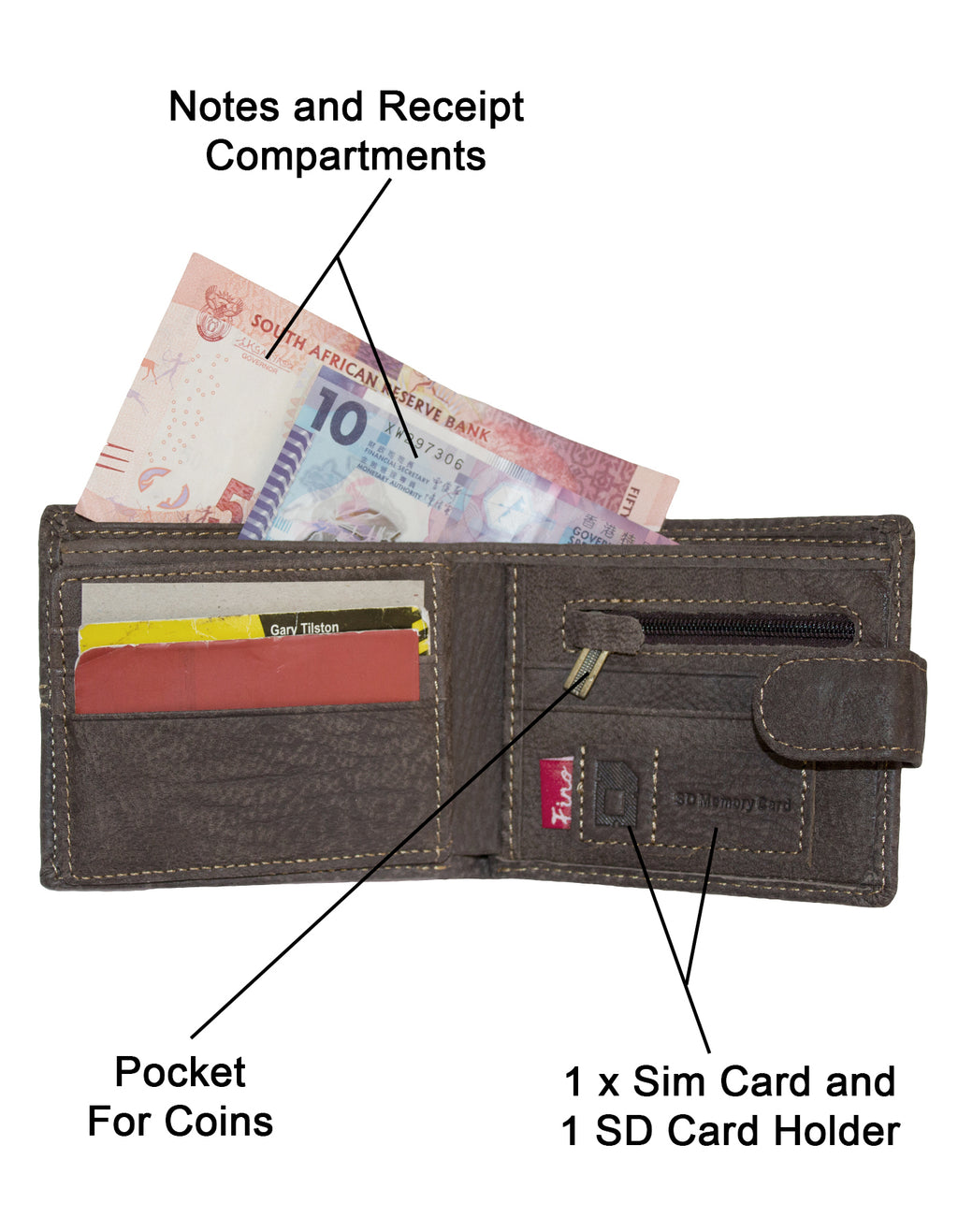 Fino DWS-805S Genuine Leather Wallet with SD Card Holder & Box - Dark Coffee
