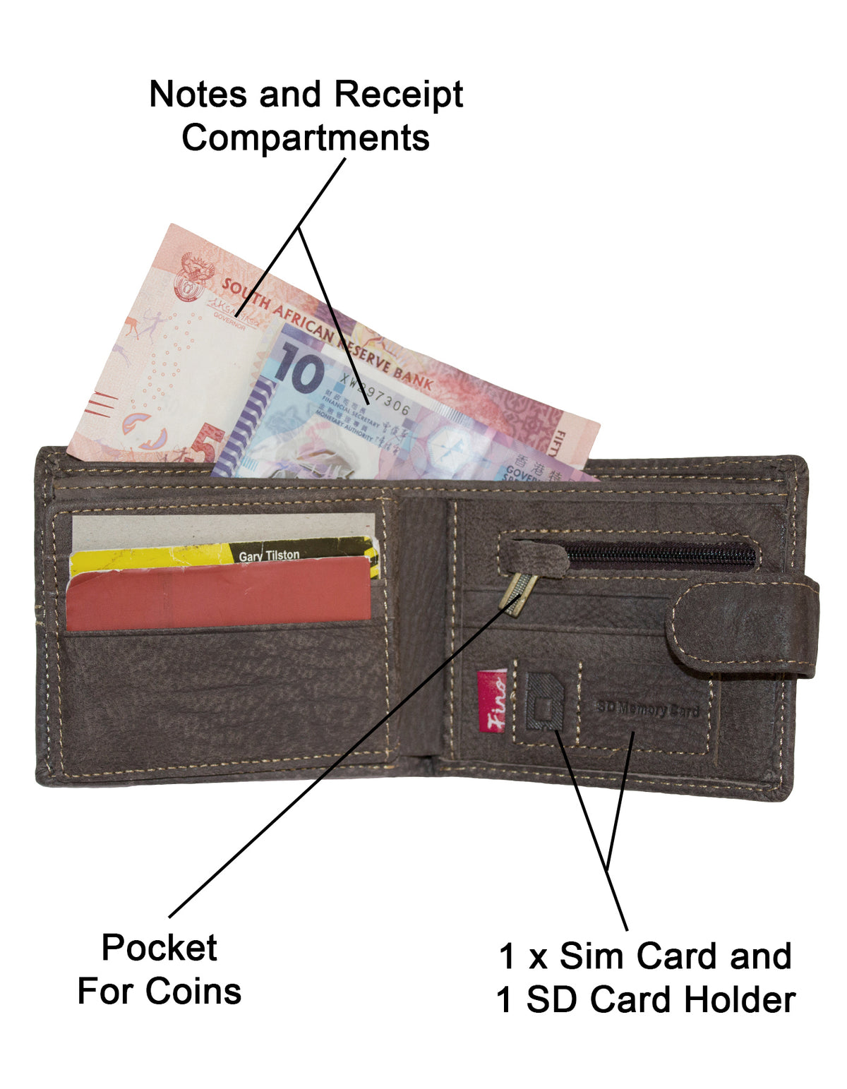 Fino DWS-805S Genuine Leather Wallet with SD Card Holder & Box - Dark Coffee