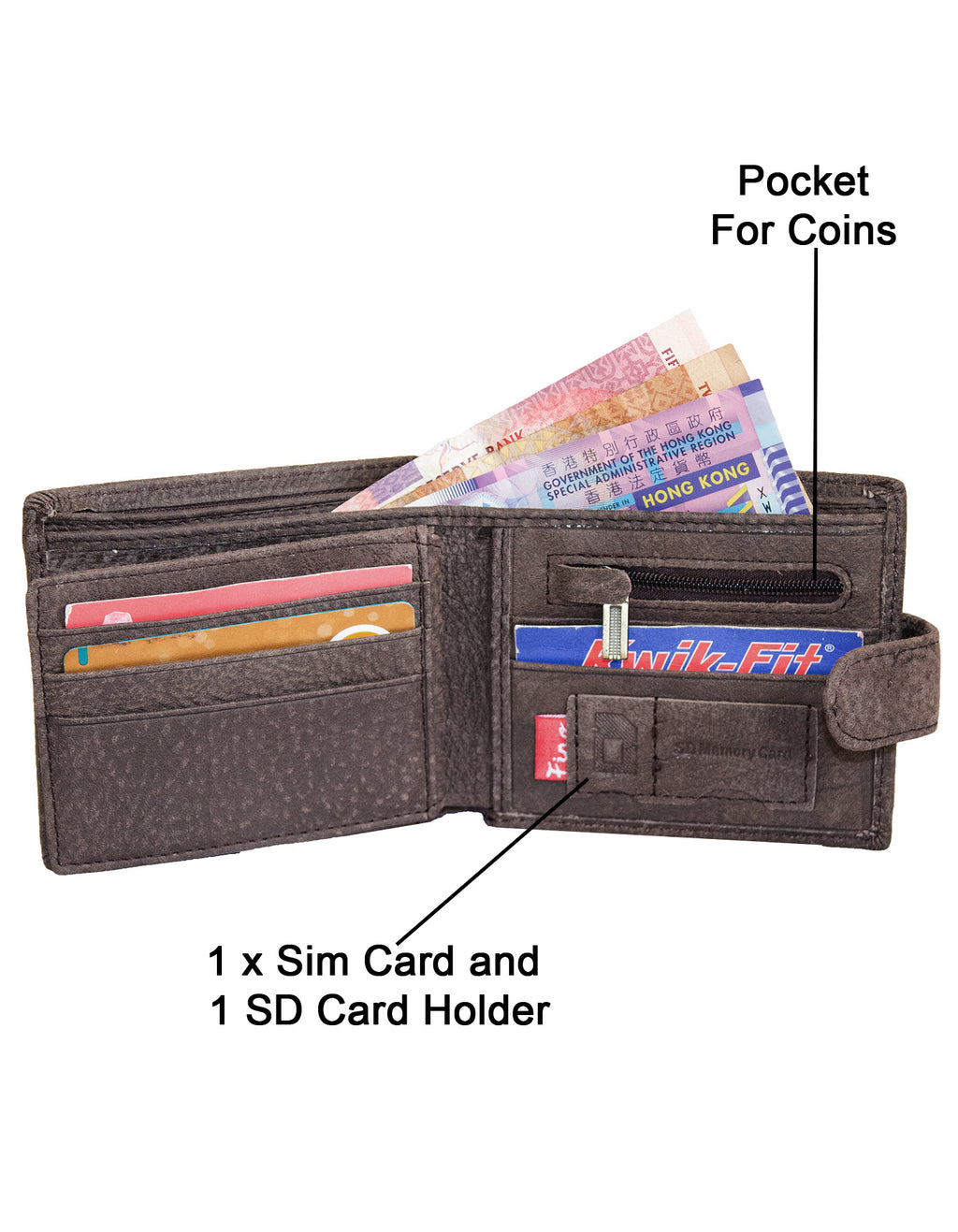 Fino DWS-806S Genuine Leather Wallet with SD Card Holder & Box - Dark Brown