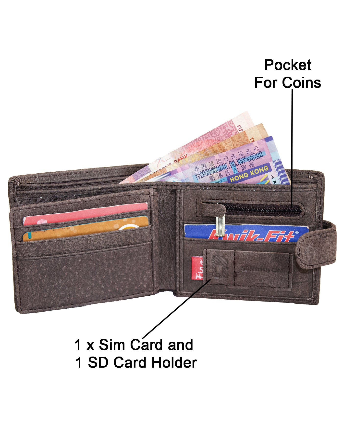 Fino DWS-806S Genuine Leather Wallet with SD Card Holder & Box - Dark Brown