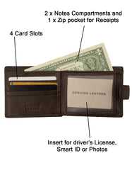 Fino DWS-809 Genuine Leather Bifold Card Wallet with Box - Dark Brown