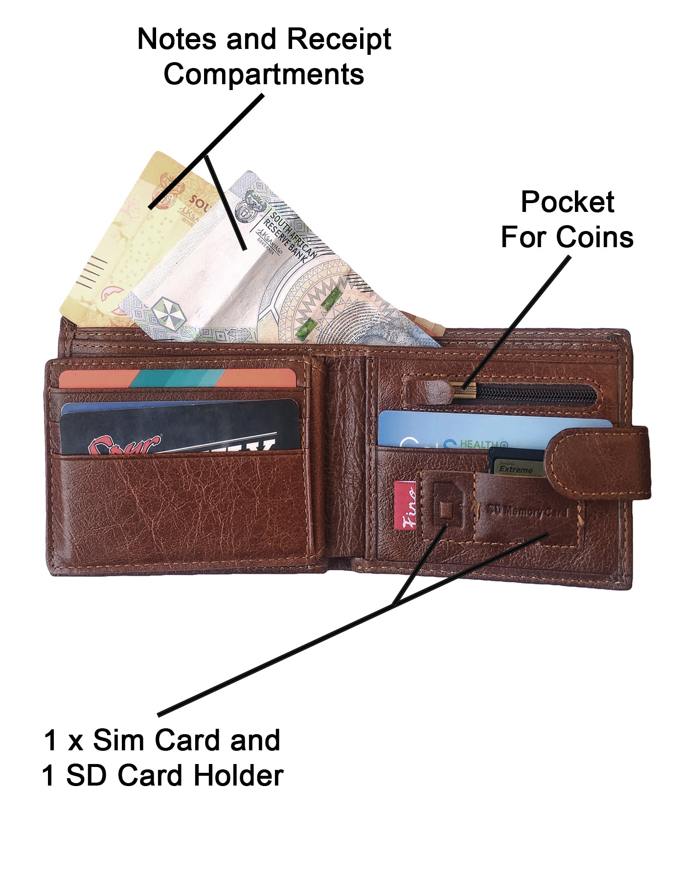Fino DWS-812 Bifold Genuine Leather Wallet with SD Card Holder with Box