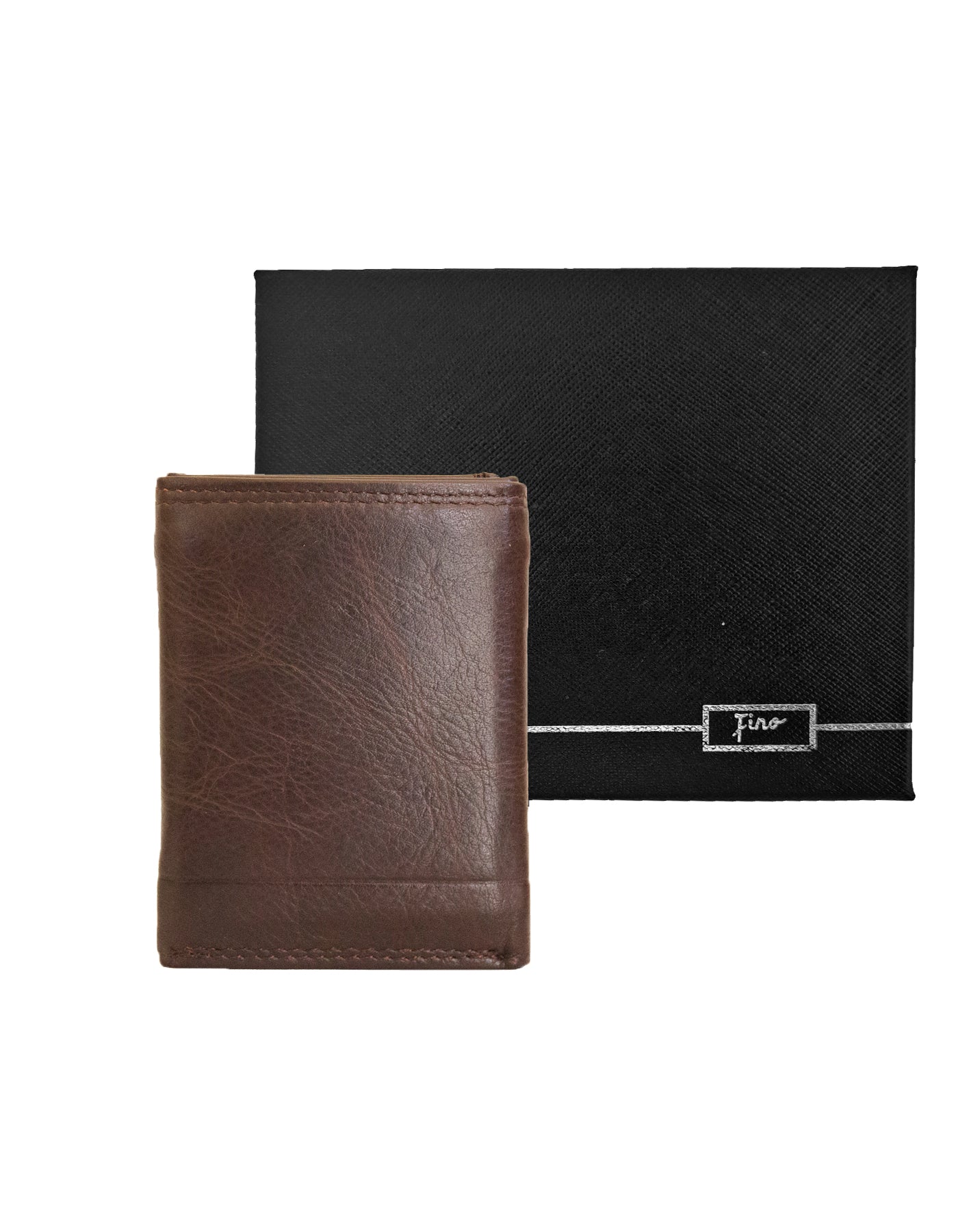 Fino DWS-823 Genuine Leather Logo Design Slim Trifold Wallet with Box
