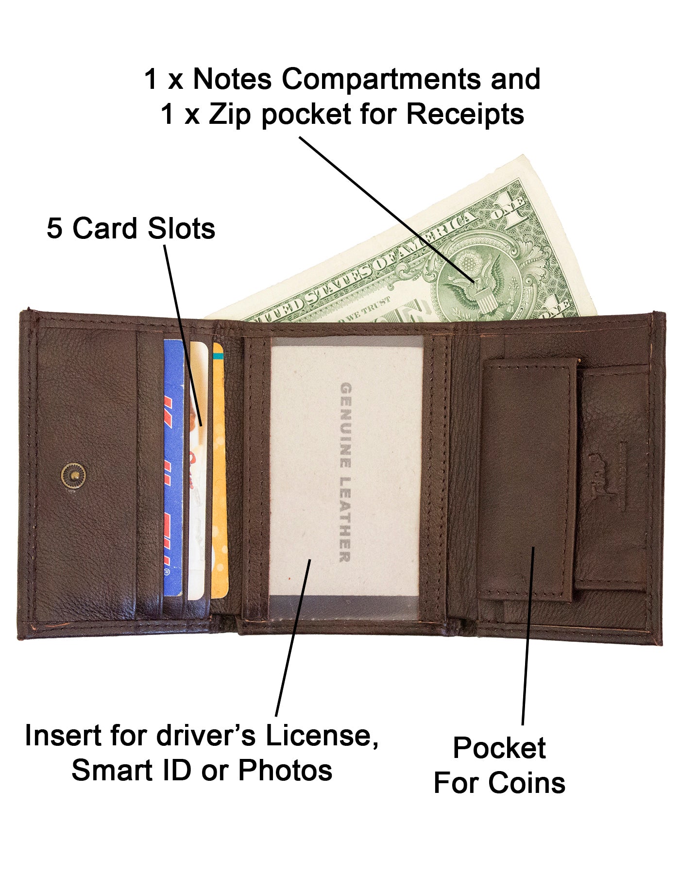 Fino DWS-823 Genuine Leather Logo Design Slim Trifold Wallet with Box