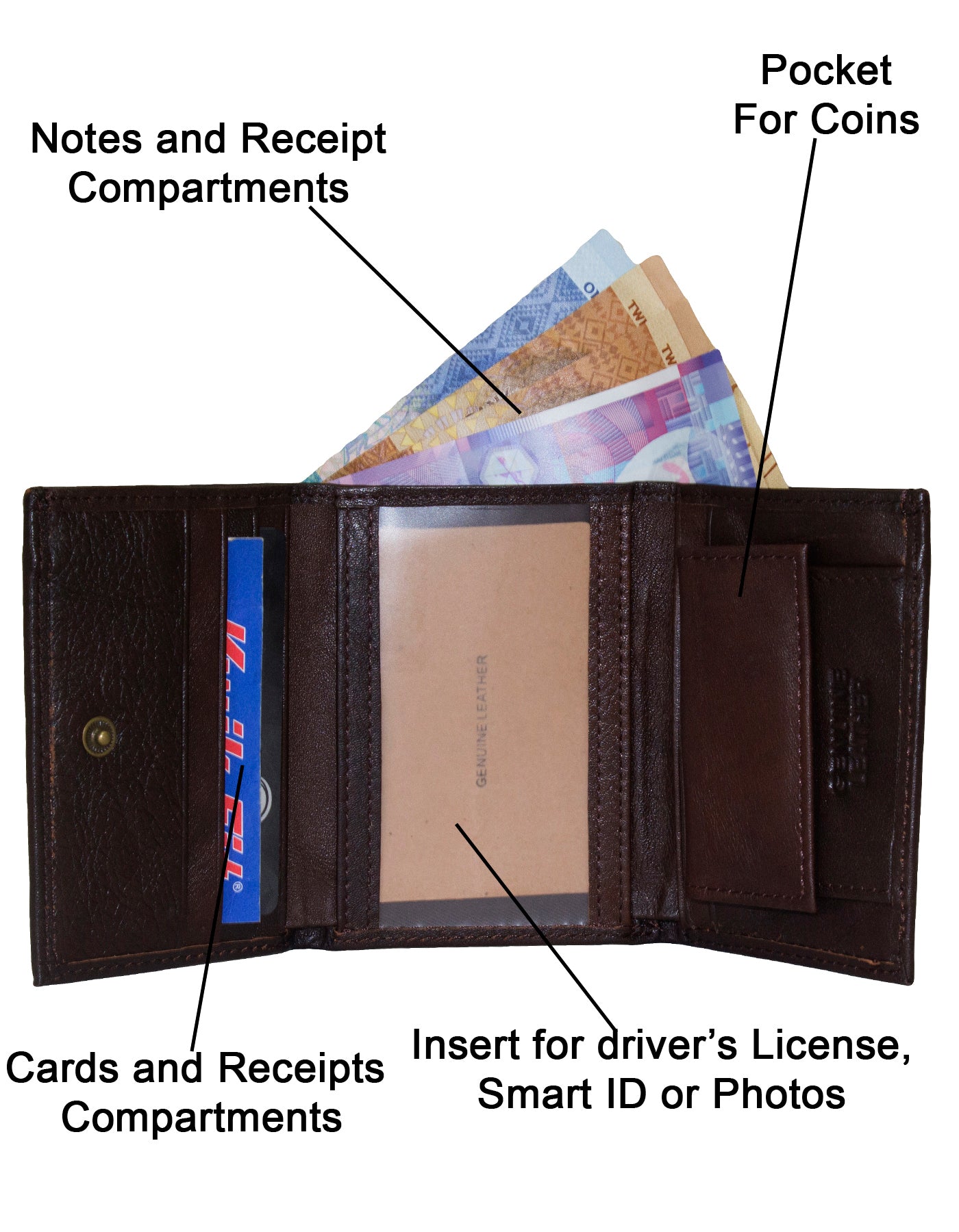 Fino DWS-824 Genuine Leather Plain Slim Compact Trifold Wallet with Box