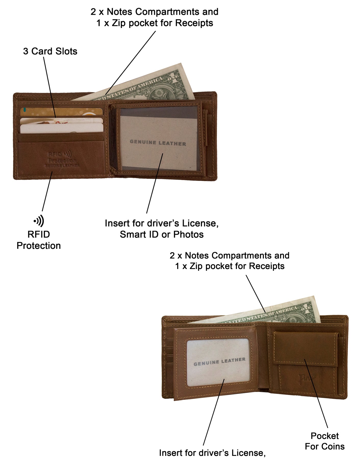 Fino DWS-831R Genuine Leather Bifold Card Holder RFID Wallet with Box