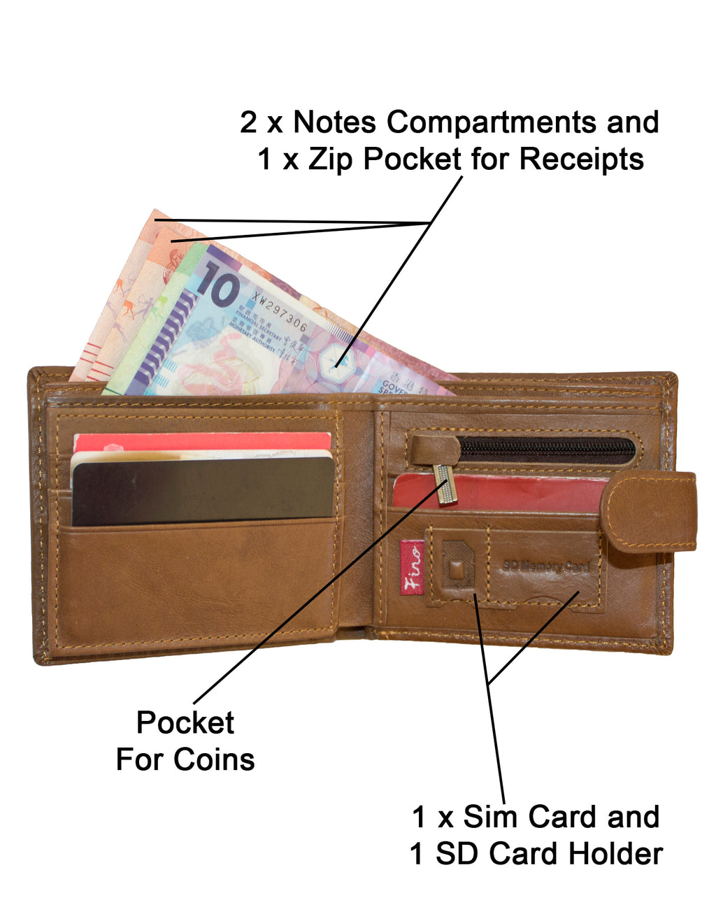 Fino DWS-8705 Genuine Leather Bifold Card Wallet with SD Card Holder & Box