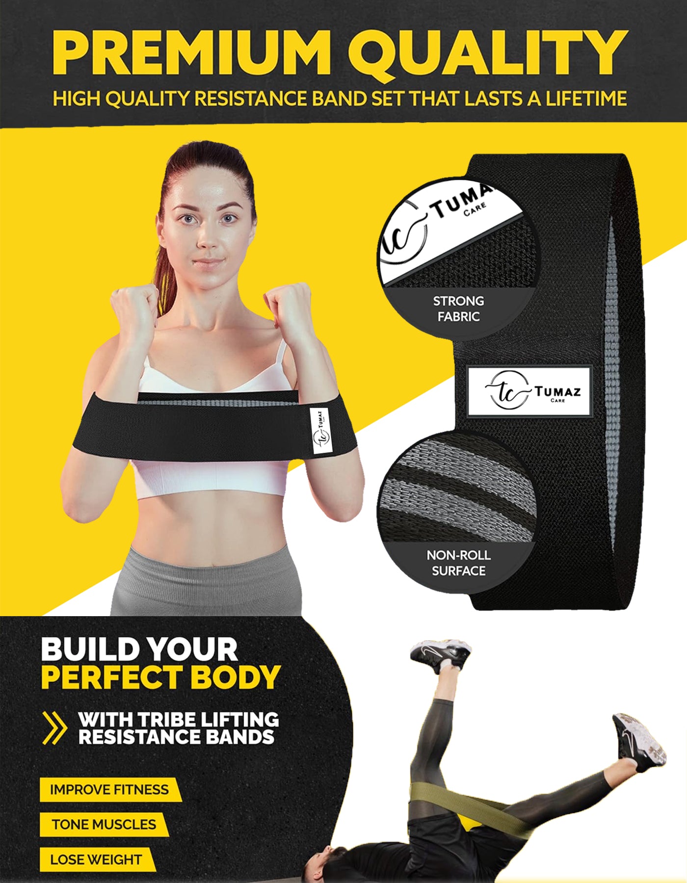 Tumaz Care FRB76 Set of 3 Fitness Resistance Bands for Glutes & Pilates