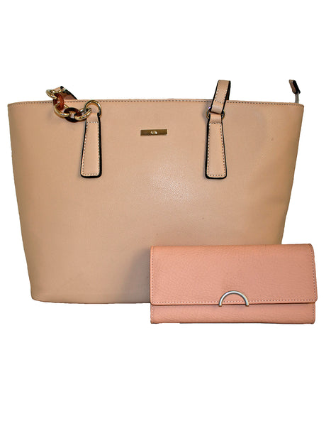 Fino G-9111+75111 Faux Leather Tote Shoulder Bag & Purse Set - Dusty Pink