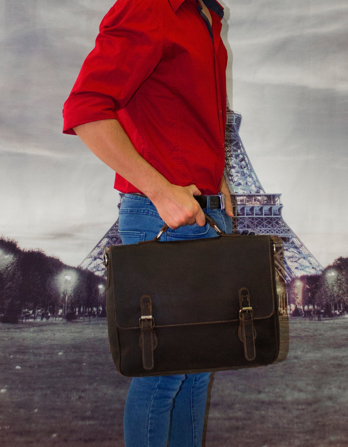 Fino GSX-010 Unisex 15" Full Grain Crazy horse waxed Leather Bag- Coffee